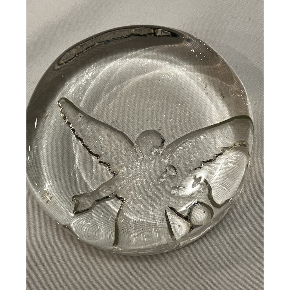 Vintage Glass Paperweight Angel With Open Arms Etched 3D Reverse Design